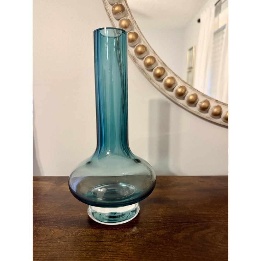 Marquis by Waterford Samba Teal Blue Crystal Vase Clear Base Signed 9.5"